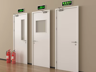 Emergency Exit Doors With Glass Windows And Red Fire Extinguishers In Building Corridor 3d model