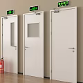 Emergency Exit Doors With Glass Windows And Red Fire Extinguishers In Building Corridor