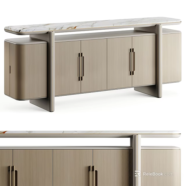 Modern Sideboard With Light Wood Cabinets And Sleek Marble Top Design 3d model 