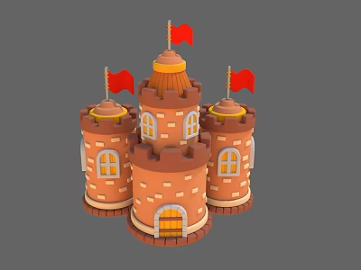 3D Model Castle With Multiple Towers Red Flags Yellow Roofs Brown Brick And Windows 3d model