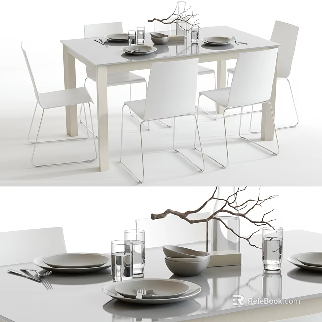 White Dining Table Set With Modern Chairs Plates Glasses And Decorative Branch 3d model