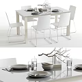 White Dining Table Set With Modern Chairs Plates Glasses And Decorative Branch 3d model