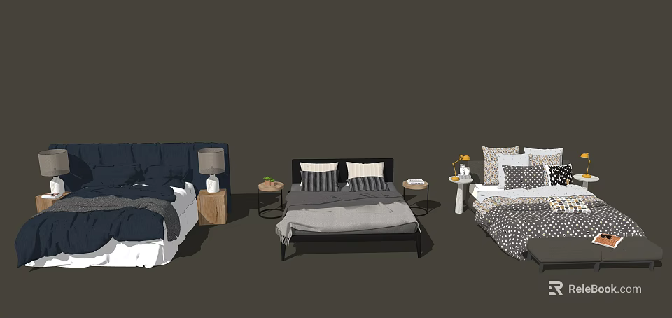 Modern Double Bed With Black Headboard Pillows And Bedside Table Lamp 3d model