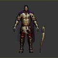 Fantasy Warrior in Ornate Gold Red Armor With Purple Cape and Sword
