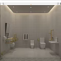 Elegant Modern Public Restroom With White Tiled Walls Golden Handrails Washbasins Toilets And Mirrors