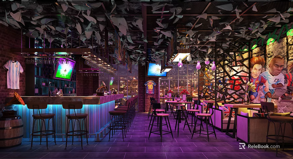 Vibrant Bar Interior With Neon Lights Bar Counter Modern Tables And Chairs 3d model 