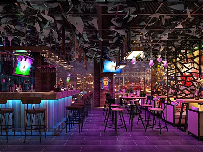 Vibrant Bar Interior With Neon Lights Bar Counter Modern Tables And Chairs 3d model