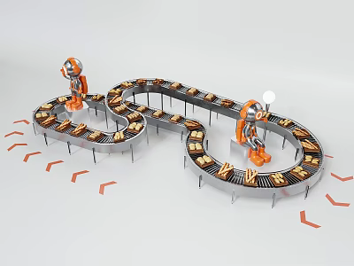 Industrial Equipment With Robotic Arms On Curved Conveyor Belt For Automated Production Process 3d model