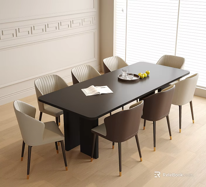 Stylish Black Dining Table Set With Eight Gray Brown Chairs Golden Legs Wooden Floor 3d model 