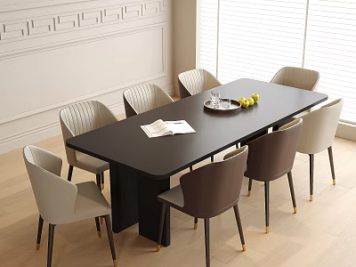 Stylish Black Dining Table Set With Eight Gray Brown Chairs Golden Legs Wooden Floor 3d model
