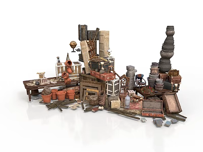 Architectural Model Collection Featuring Construction Components Bricks Tools And Clay Pots 3d model
