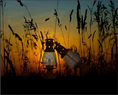 Vintage Decorative Lanterns Glowing In Sunset Over Grass Field With Tall Grass And Orange Sky 3d model