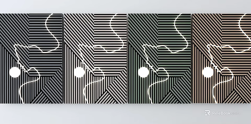 Modern Geometric Wall Decor With Black White Stripes Curves And Multi Panel Design 3d model