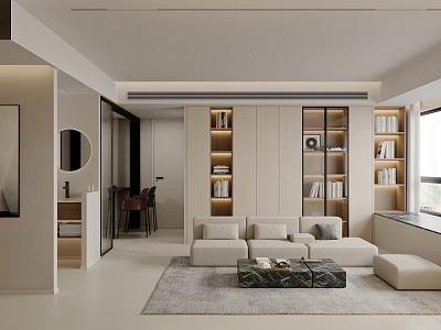 Elegant Modern Living Dining Room With Sofa Coffee Table Bookshelves And Dining Chairs 3d model