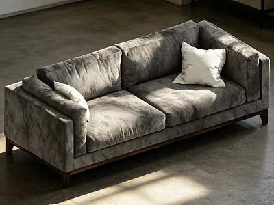 Gray Fabric Two Seater Sofa In Modern Style With White Cushions And Dark Wooden Legs 3d model