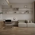 Modern Minimalist Study Room With Wall Shelves Desk And Sofa 3d model