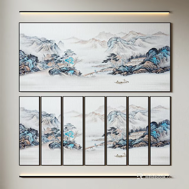 Traditional Chinese Landscape Painting Wall Art With Six Panel Scroll And Misty Mountains Water Boats 3d model 