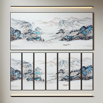 Traditional Chinese Landscape Painting Wall Art With Six Panel Scroll And Misty Mountains Water Boats 3d model