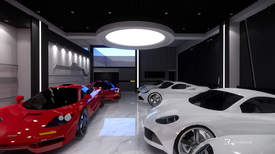 4S Shop Showroom Interior Featuring Red White Luxury Sports Cars And Modern Design 3d model 