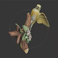 Ceramic Yellow Bird Figurine Perched On Textured Tree Branch With Green Leaves