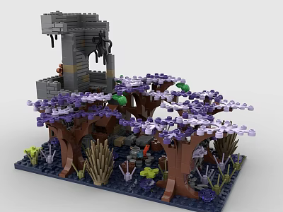 Creative Building Blocks Scene With Purple Flower Trees And Castle Structure 3d model