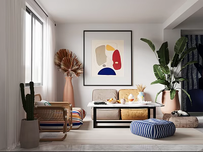 Modern Living Room Interior With Abstract Painting Sofa Coffee Table Plants And Sunny Window 3d model
