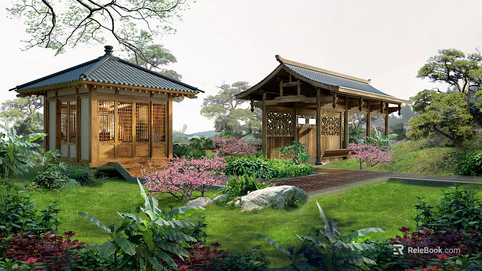 Traditional Wooden Houses with Classic Roofs Surrounded by Greenery Pink Flowers Stones and Trees 3d model 