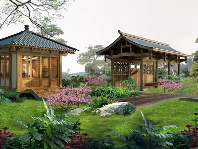 Traditional Wooden Houses with Classic Roofs Surrounded by Greenery Pink Flowers Stones and Trees 3d model