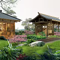 Traditional Wooden Houses with Classic Roofs Surrounded by Greenery Pink Flowers Stones and Trees