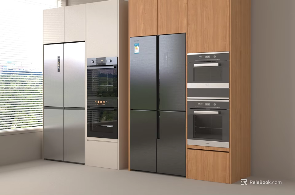 Modern Kitchen Interior Featuring Stainless Steel Refrigerator Wooden Cabinets And Built in Ovens 3d model 