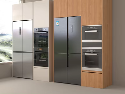 Modern Kitchen Interior Featuring Stainless Steel Refrigerator Wooden Cabinets And Built in Ovens 3d model