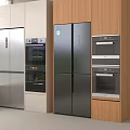 Modern Kitchen Interior Featuring Stainless Steel Refrigerator Wooden Cabinets And Built in Ovens