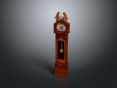 Ornate Classic Wooden Grandfather Clock With Decorative Top Figures And Pendulum 3d model
