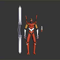 Red and White Robot Character Standing With Purple Sword And Weapon Accessory