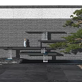 Modern Indoor Landscape With Gray Stone Wall Water Feature Sitting Statue And Pine Tree