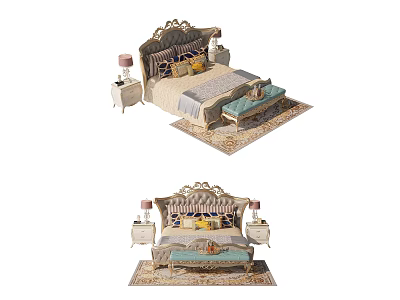 Ornate Double Bed With Carved Headboard White Bedside Tables And Blue Footstool On Patterned Rug 3d model