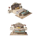 Ornate Double Bed With Carved Headboard White Bedside Tables And Blue Footstool On Patterned Rug