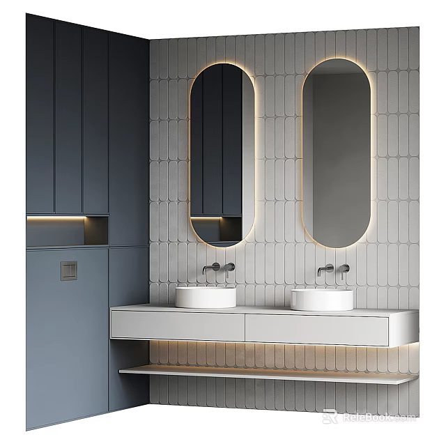 Modern Bathroom Vanity Set With Double Sinks Round Backlit Mirrors And Gray Cabinets 3d model