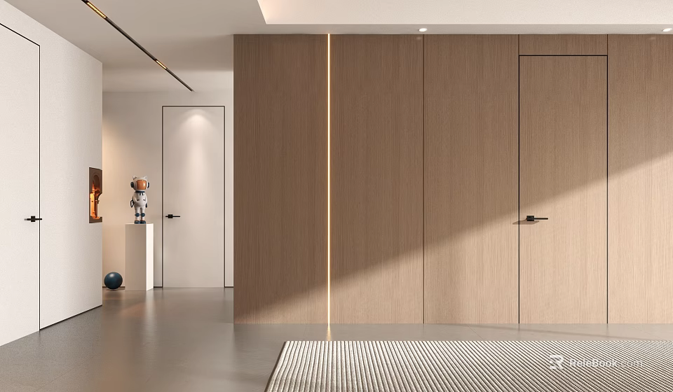 Modern Minimalist Sofa Background Wall With Wooden Panels 3d model 