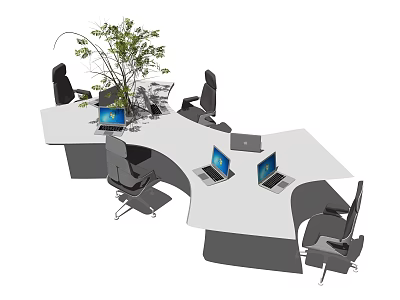 Modern Office Desk with Multiple Workstations Laptops Black Office Chairs and Green Plant Decoration 3d model