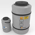 Industrial Storage Containers Large And Small Gray With Black Lids And Warning Labels