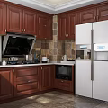 Brown Wooden Kitchen Cabinets With White Countertop And City Window View