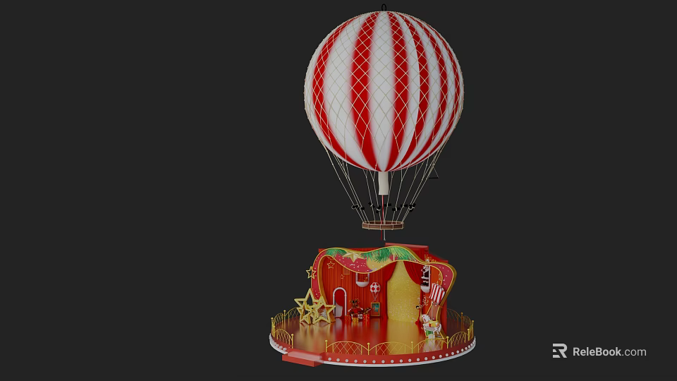 Red Decorative Stage with Red and White Striped Hot Air Balloon Golden Railings Star Decorations 3d model 