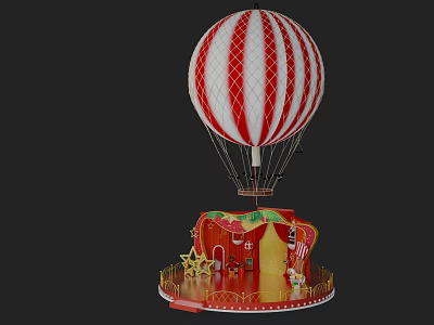 Red Decorative Stage with Red and White Striped Hot Air Balloon Golden Railings Star Decorations 3d model