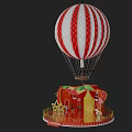 Red Decorative Stage with Red and White Striped Hot Air Balloon Golden Railings Star Decorations