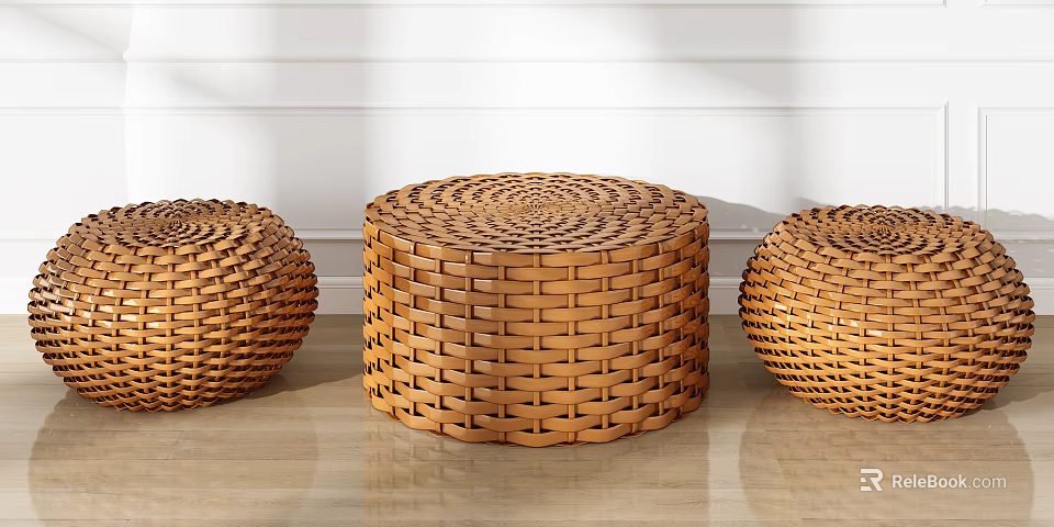 Three Natural Woven Round Stools Handwoven Design For Home Decor 3d model 