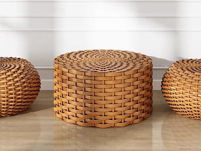 Three Natural Woven Round Stools Handwoven Design For Home Decor 3d model
