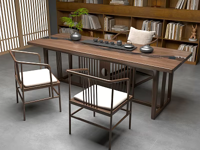 Chinese Style Wooden Tea Table and Chairs with Tea Set Green Plant and Bookshelf 3d model