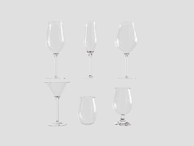 Transparent Glass Cups in Different Shapes Including Stemmed and Stemless Styles 3d model