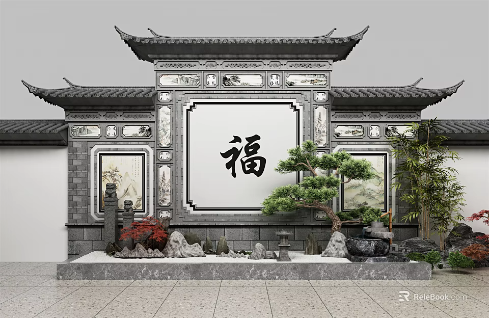 Ornamental Chinese Scenic Wall Featuring Traditional Roof Chinese Character Fu Rockery And Pine Tree 3d model 